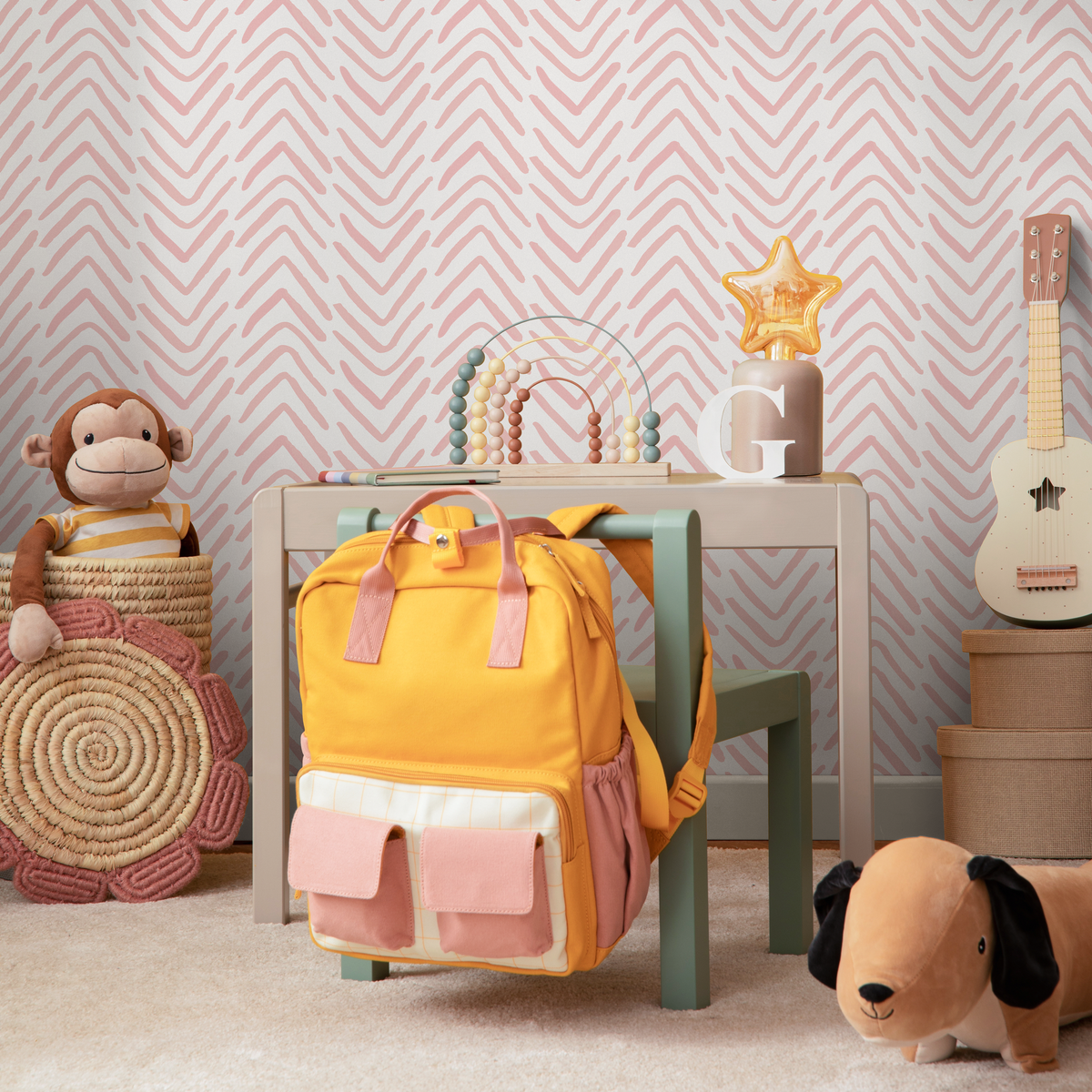Herringbone Wallpaper with a Hand-Drawn Motif in Soft Pink - detail view