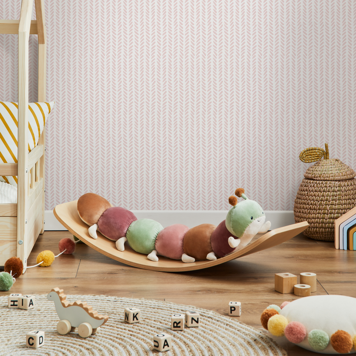 Herringbone Wallpaper with a Hand-Drawn Motif in Soft Pink - detail view