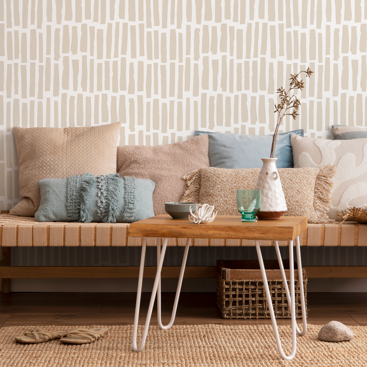Abstract Wallpaper with Vertical Brush Strokes in Beige - detail view