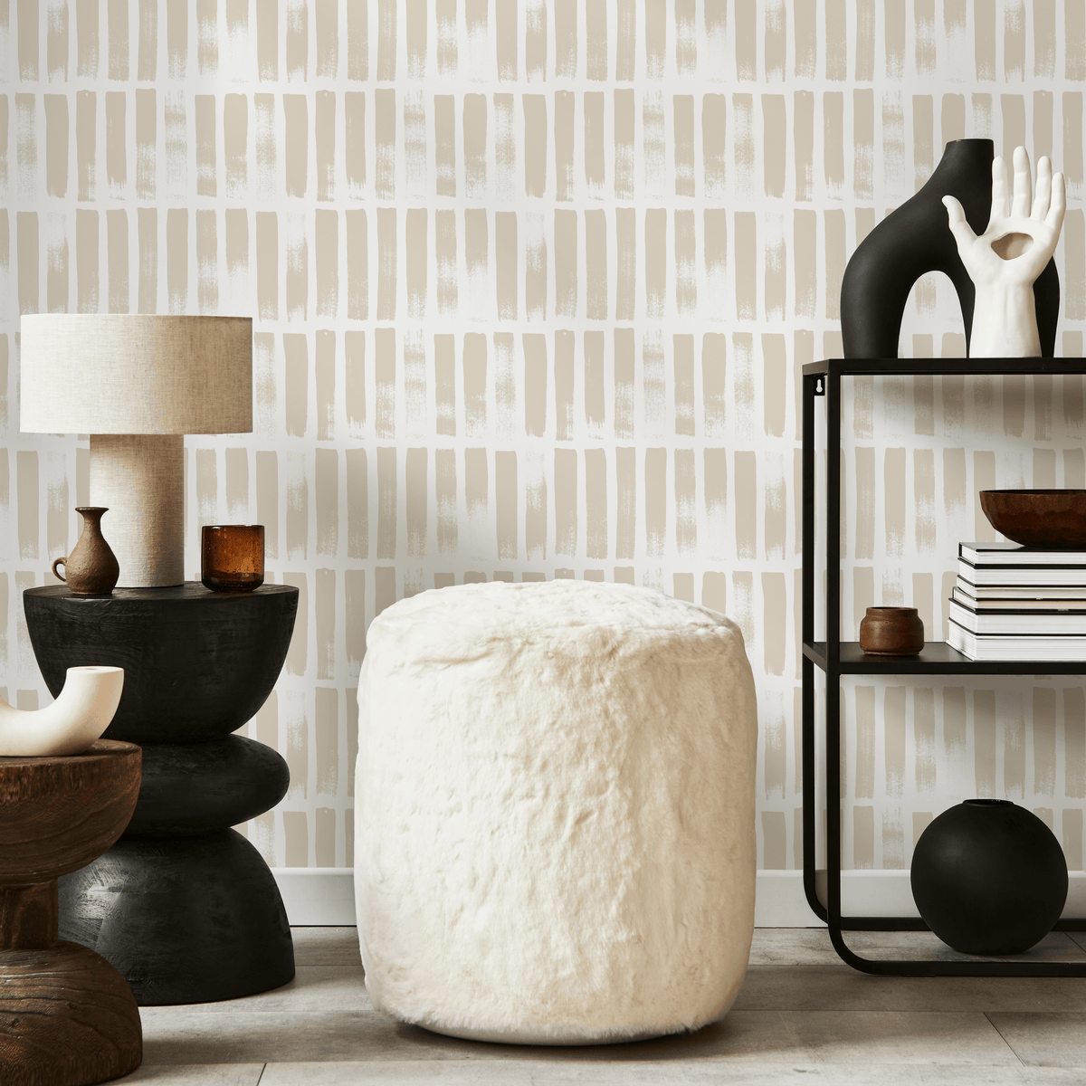 Abstract Wallpaper with Vertical Brush Strokes in Beige - detail view