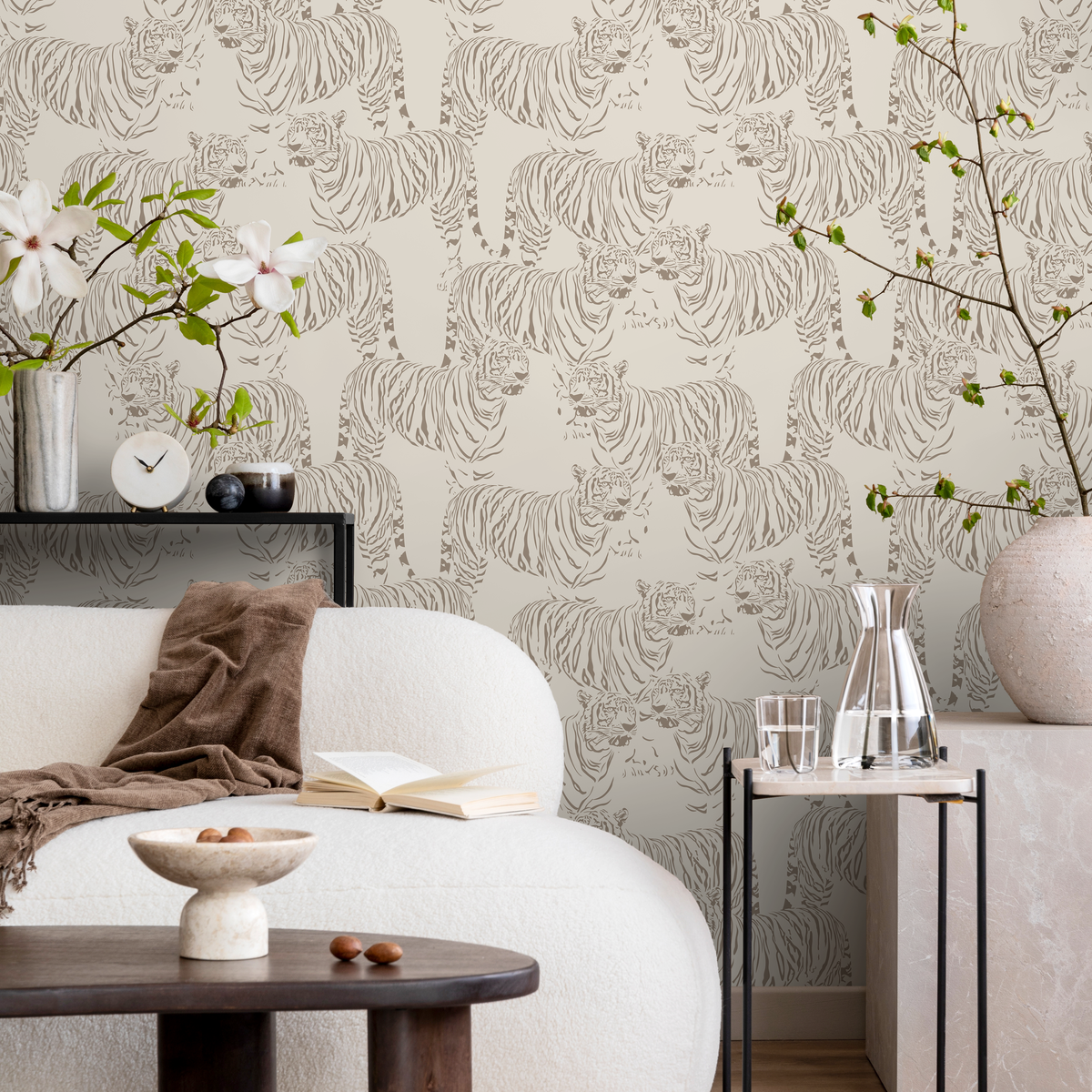 Animal Print Wallpaper with Illustrated Tigers in Beige and Taupe - detail view
