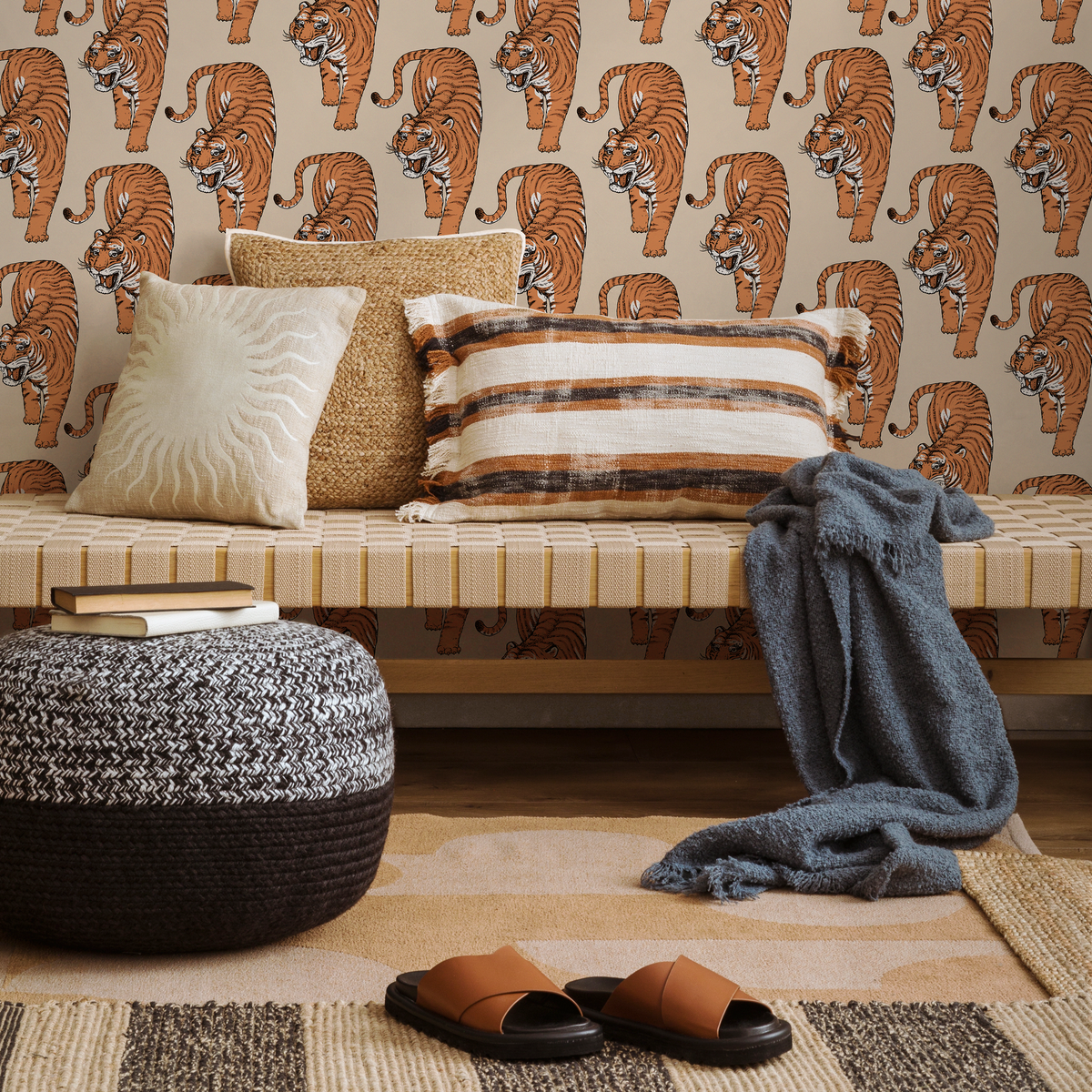 Animal Print Wallpaper featuring Stylized Tigers in Orange, Black, and Beige - detail view