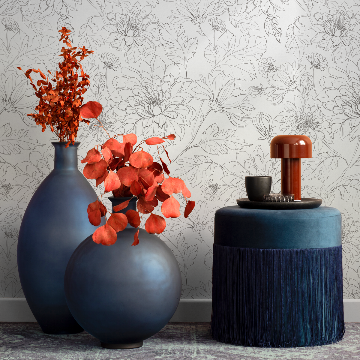Floral Wallpaper with Chrysanthemum Line Art in Gray and Off-White - detail view