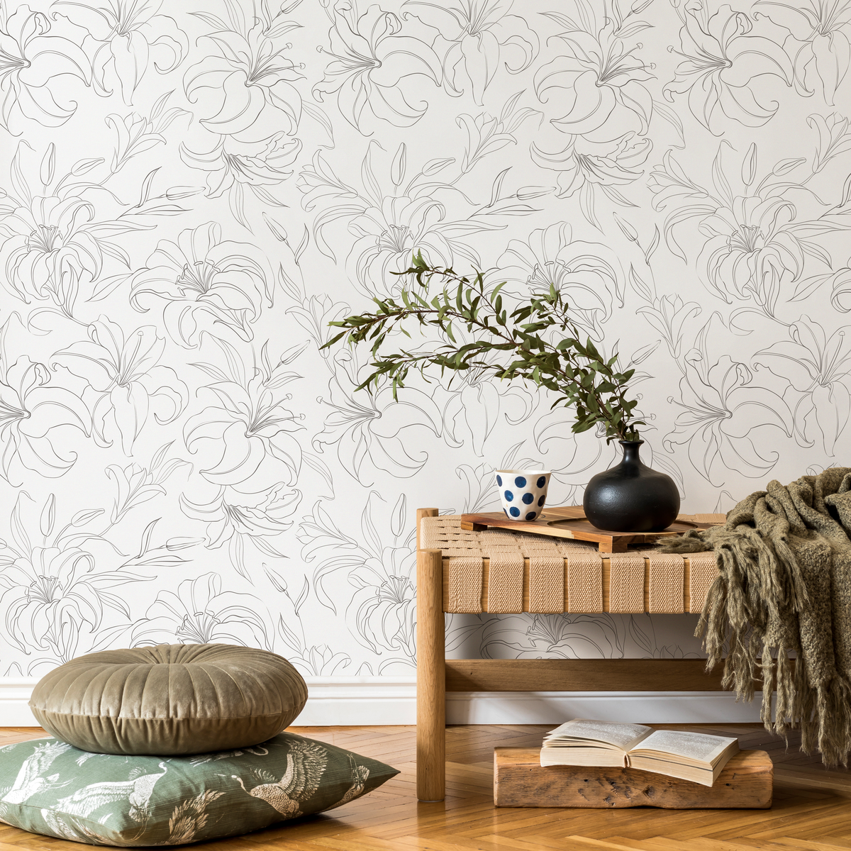 Minimalist Wallpaper with Elegant Lily Line Art in Grey and Off-White - detail view
