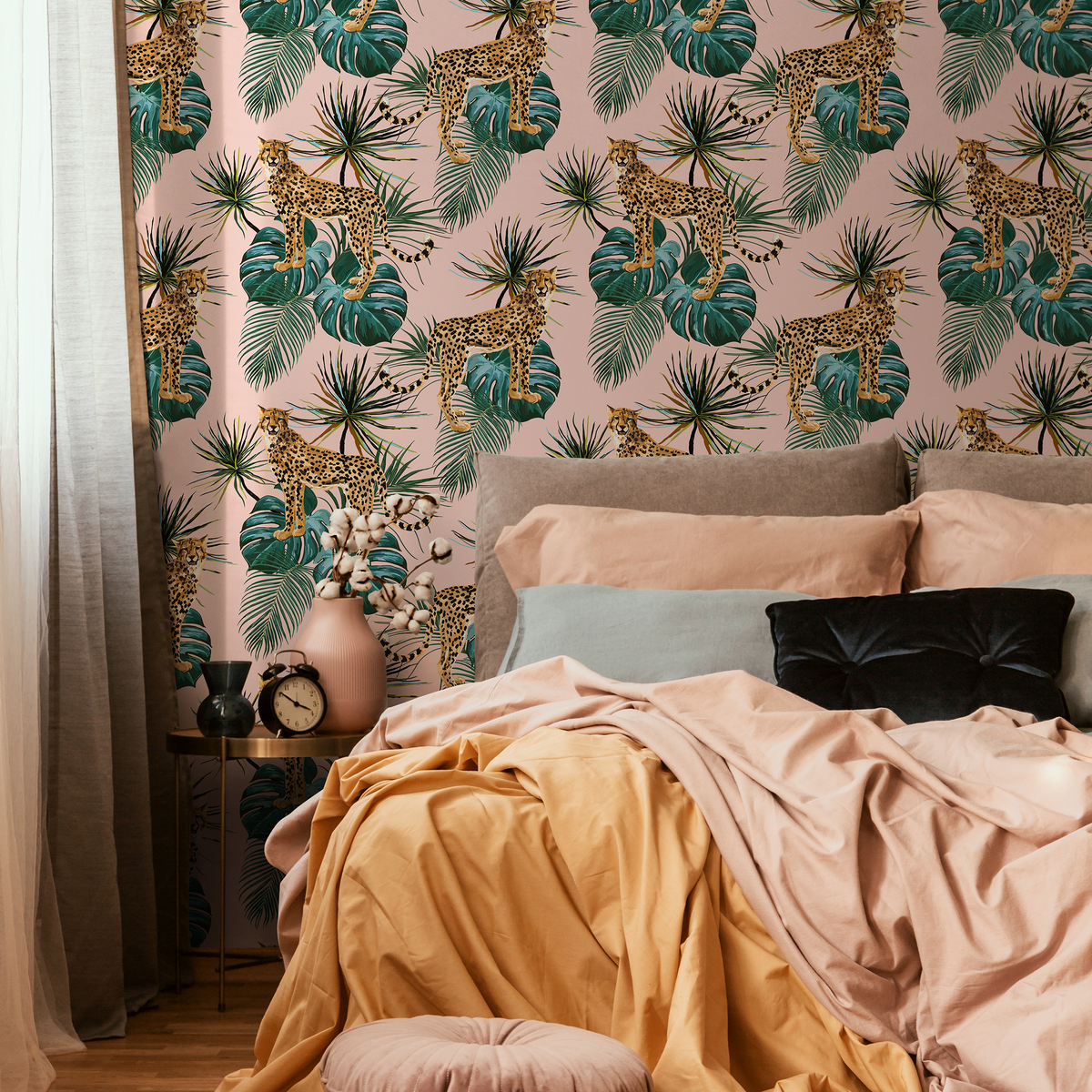 Animal Wallpaper with Cheetahs and Tropical Leaves in Pink and Green - detail view