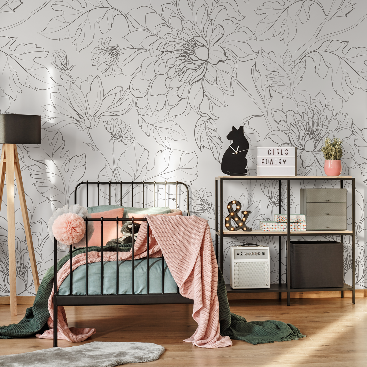 Floral Wallpaper with a Minimalist Peony Line Drawing in Gray - detail view