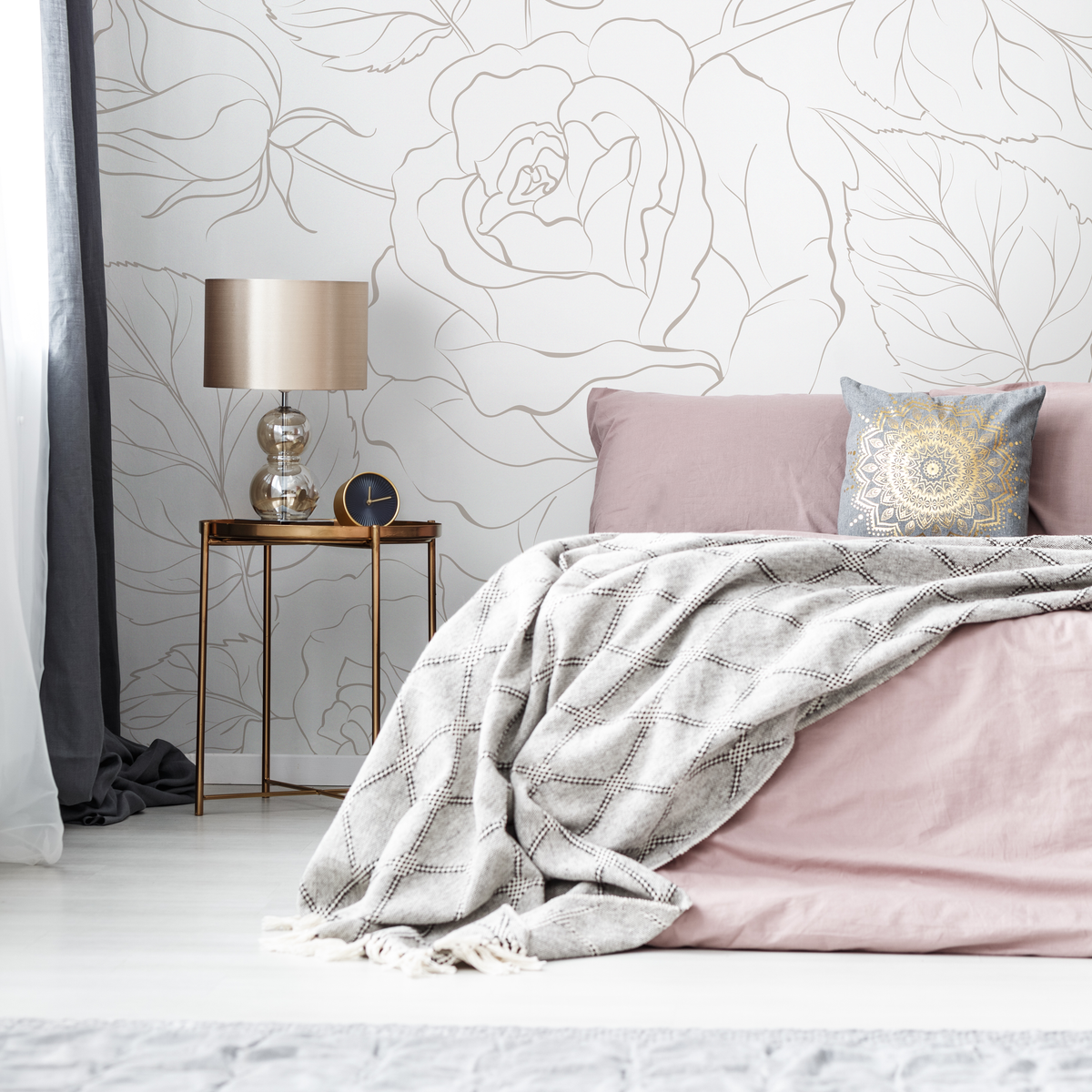 Floral Wallpaper with a Minimalist Peony Line Art in Beige - detail view