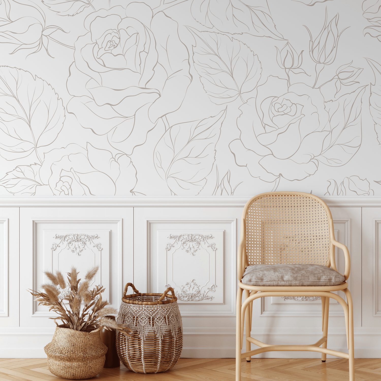 Papier peint mural autocollant minimaliste et neutre à motif pivoine, grand format, motif floral traditionnel, pré-encollé ou à décoller et coller - ZADP
