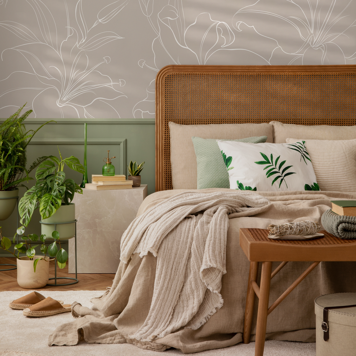 Floral Wallpaper with Elegant Lily Line Art in Beige and White - detail view
