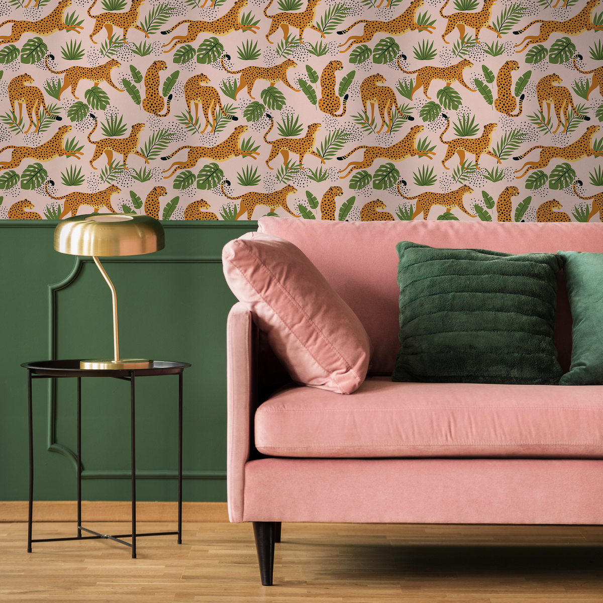 Animal Wallpaper with Cheetahs and Leaves in Pink, Green, and Orange - detail view