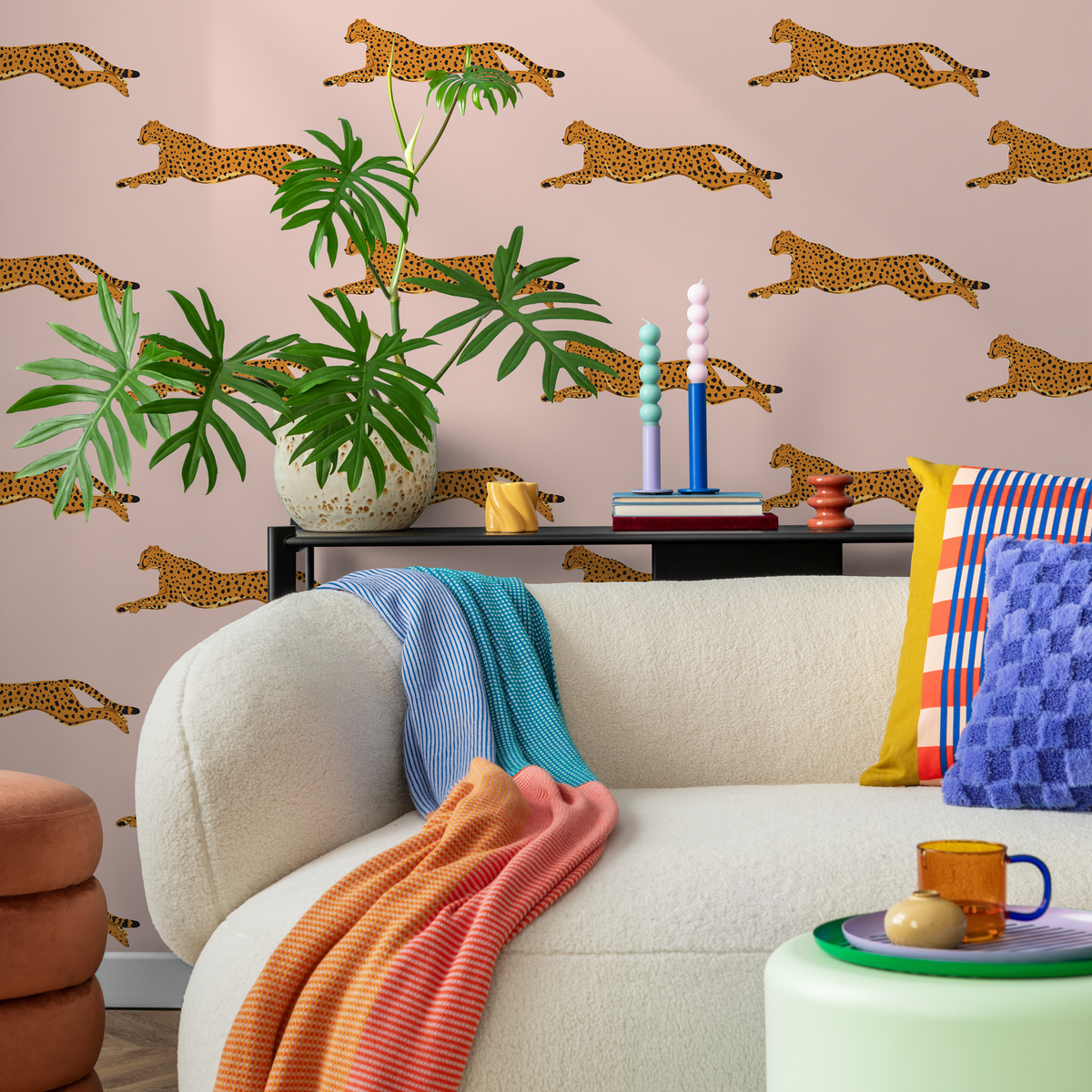 Animal Wallpaper with a Boho Cheetah Motif in Pink, Yellow, and Black - detail view