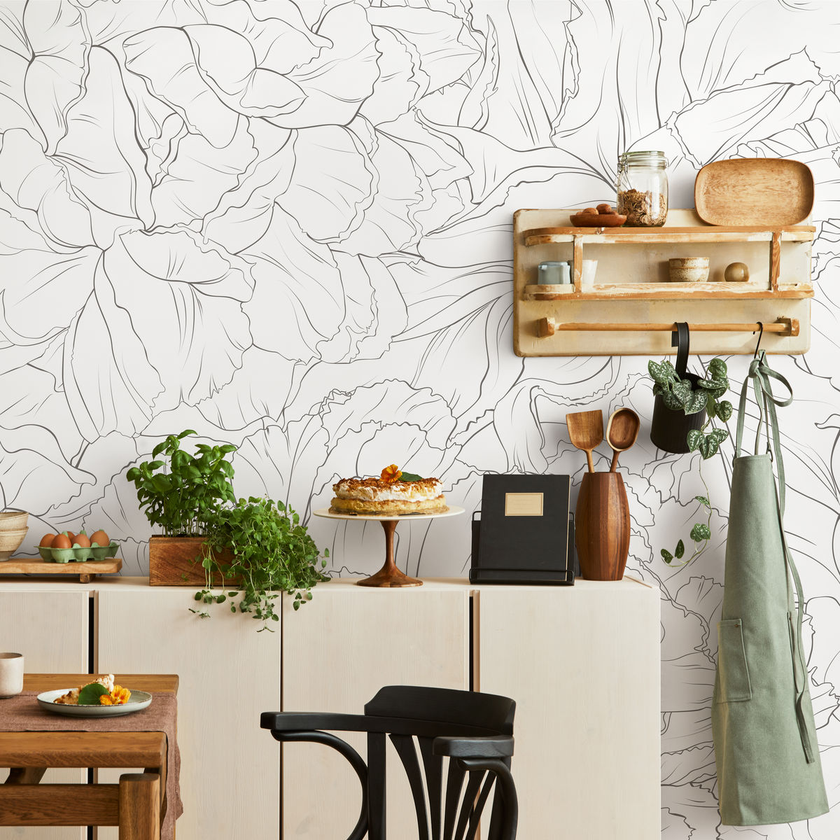Floral Wallpaper Featuring Minimalist Peony Outlines in Black and White - detail view
