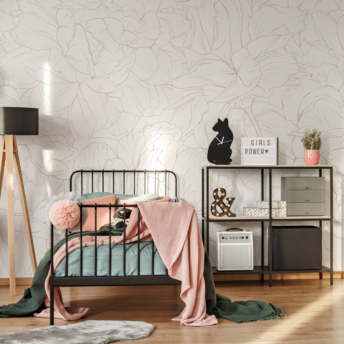 Floral Wallpaper Featuring a Minimalist Peony Outline in Taupe - detail view