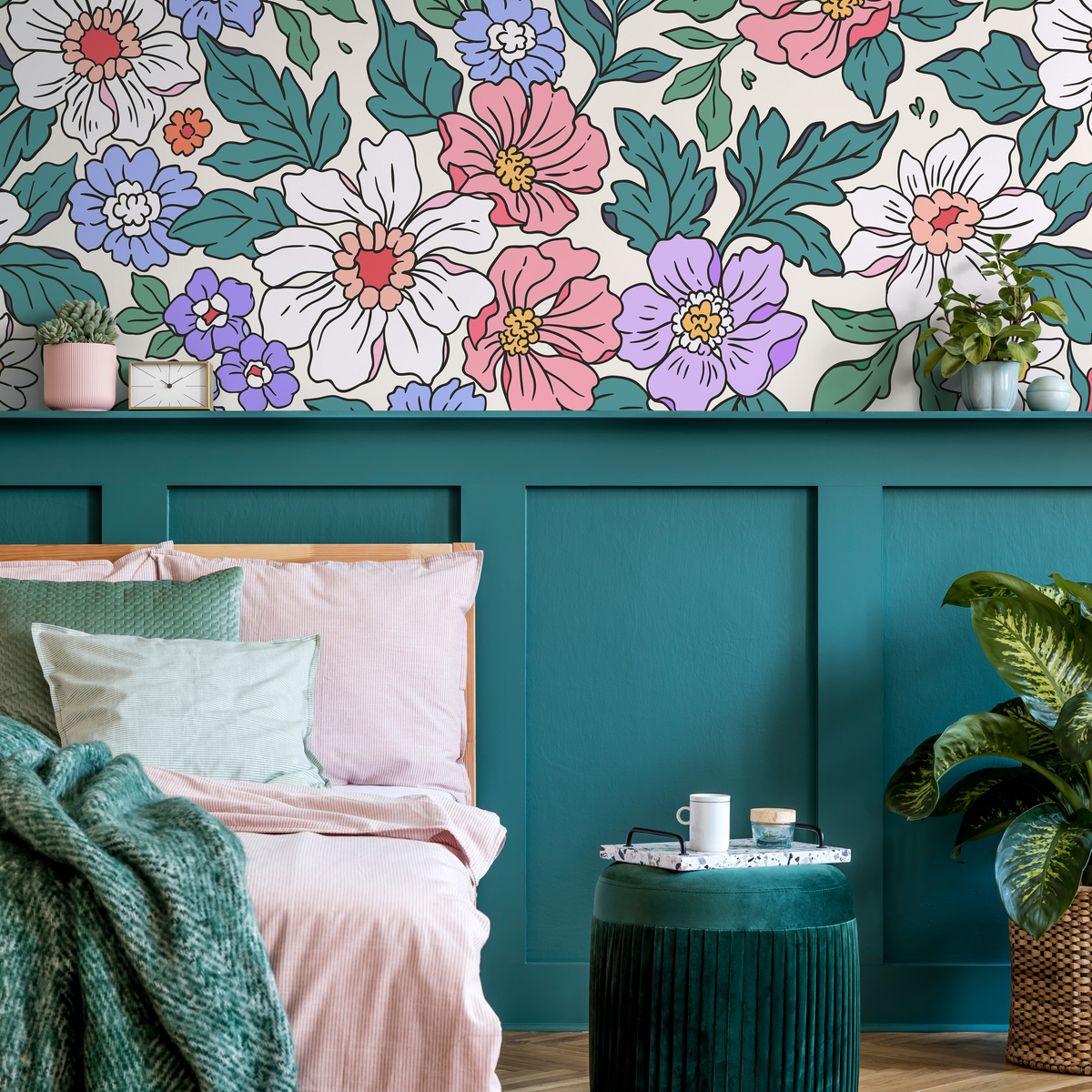 Floral Wallpaper with Retro Style Blooms in Pink, Purple, and Green - detail view