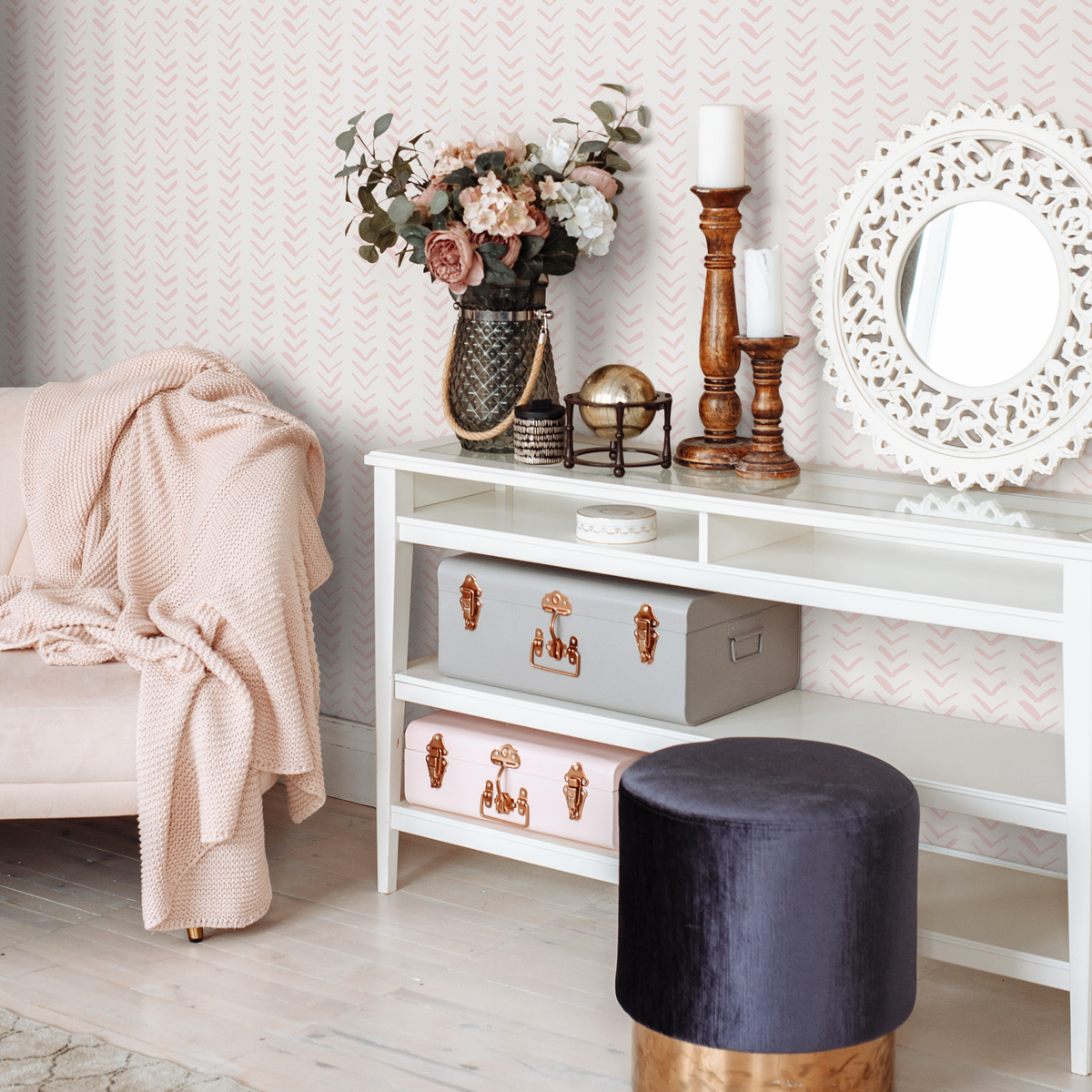 Boho Wallpaper with a Delicate Herringbone Motif in Pink - detail view