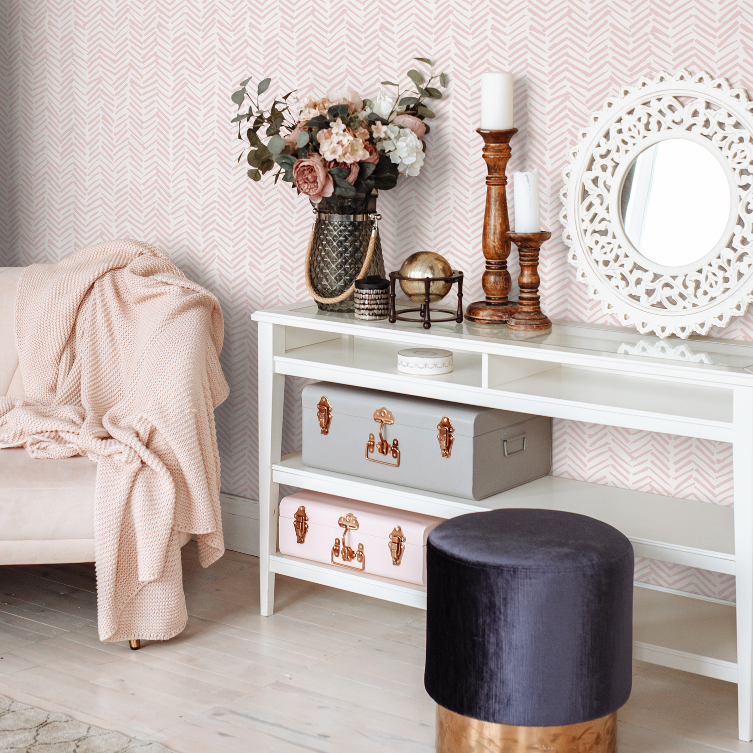 Boho Herringbone in Soft Pink Wallpaper  Removable and Repositionable Peel and Stick or Traditional Pre-pasted Wallpaper - ZADY - ONDECOR.COM