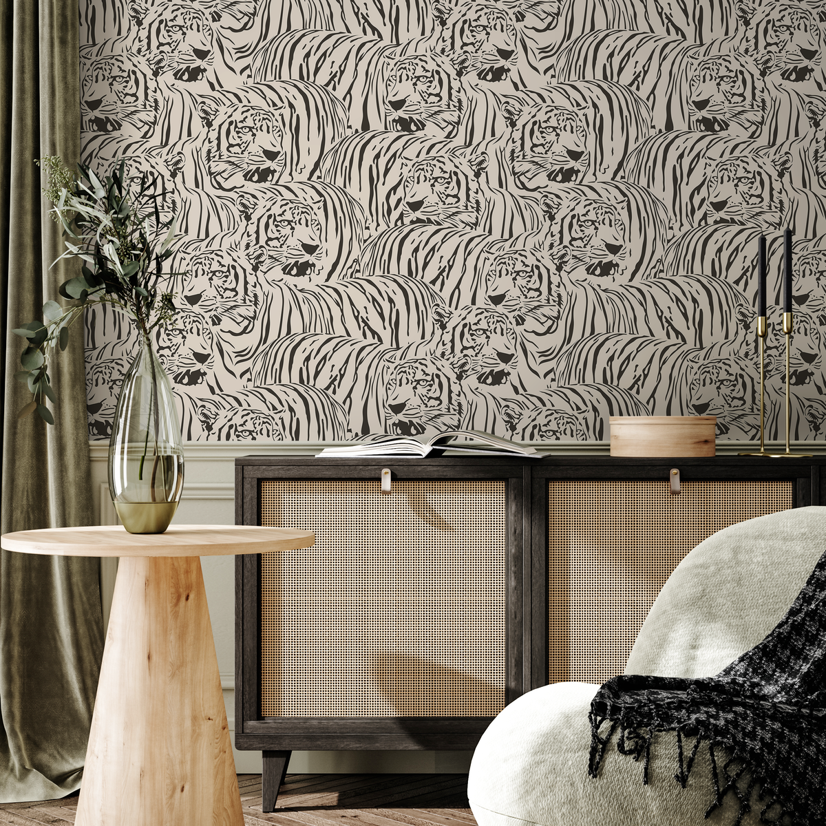 Animal Print Wallpaper Featuring a Bold Tiger Motif in Black and Cream - detail view