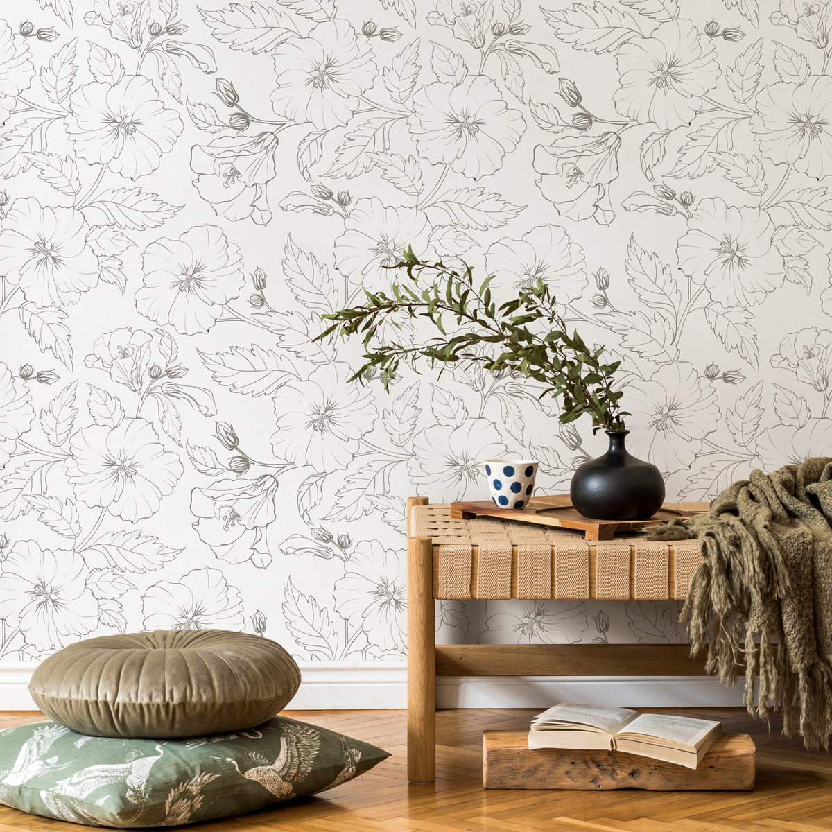 Floral Wallpaper Featuring Hand-Drawn Peonies in Gray and Off-White - detail view