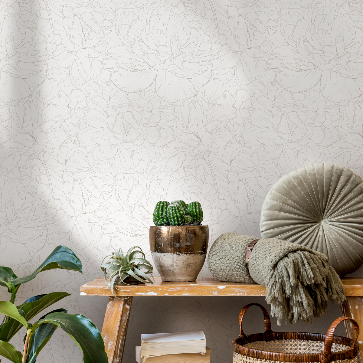 Floral Wallpaper with Minimalist Peony Line Art in Taupe - detail view