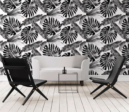 Wallpaper Peel and Stick Wallpaper Removable Wallpaper Home Decor Wall Art Wall Decor Room Decor / Black and White Monstera Wallpaper - B118