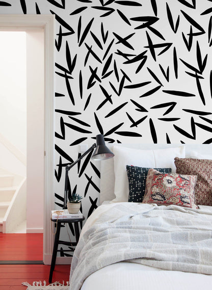 Removable Wallpaper Scandinavian Wallpaper Temporary Wallpaper Peel and Stick Wallpaper / Black and White Leaf Wallpaper - X118