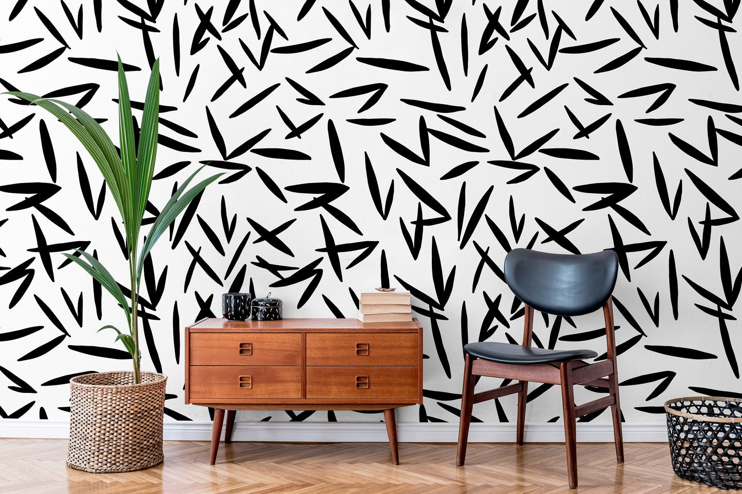 Removable Wallpaper Scandinavian Wallpaper Temporary Wallpaper Peel and Stick Wallpaper / Black and White Leaf Wallpaper - X118