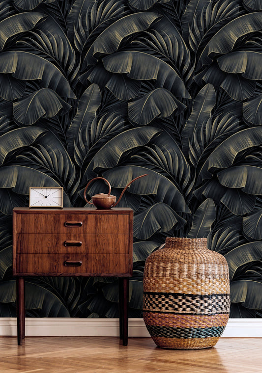 Wallpaper Peel and Stick Wallpaper Removable Wallpaper Home Decor Wall Art Wall Decor Room Decor / Banana Dark Leaves Wallpaper - C444