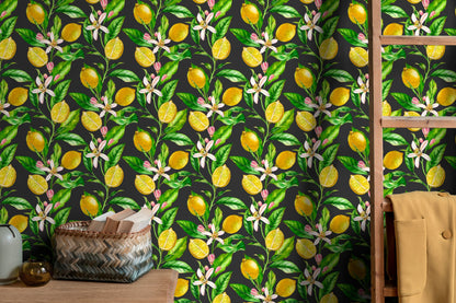 Wallpaper Peel and Stick Wallpaper Removable Wallpaper Home Decor Wall Decor Room Decor / Tropical Floral Lemon Wallpaper - B529