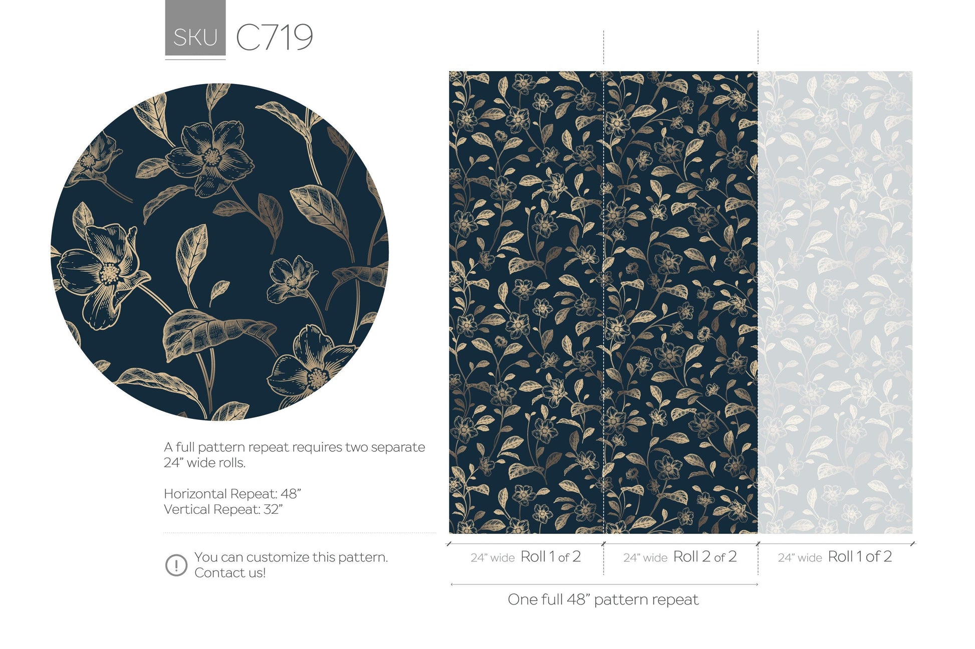 Navy and Gold Floral Vintage Wallpaper / Peel and Stick Wallpaper Removable Wallpaper Home Decor Wall Art Wall Decor Room Decor - C719