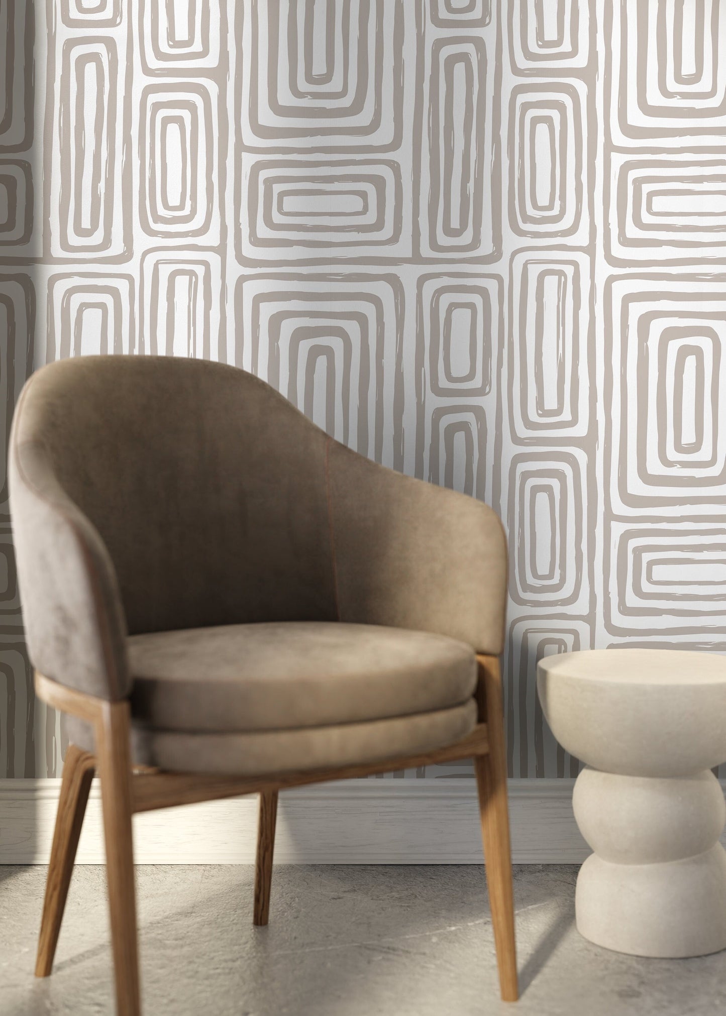 Warm Neutral Paint Brushed Labyrinth Wallpaper Peel and Stick Removable Repositionable Minimalistic Abstract Boho Beige & White - ZAAA