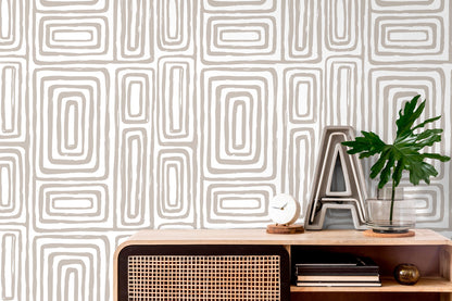 Warm Neutral Paint Brushed Labyrinth Wallpaper Peel and Stick Removable Repositionable Minimalistic Abstract Boho Beige & White - ZAAA