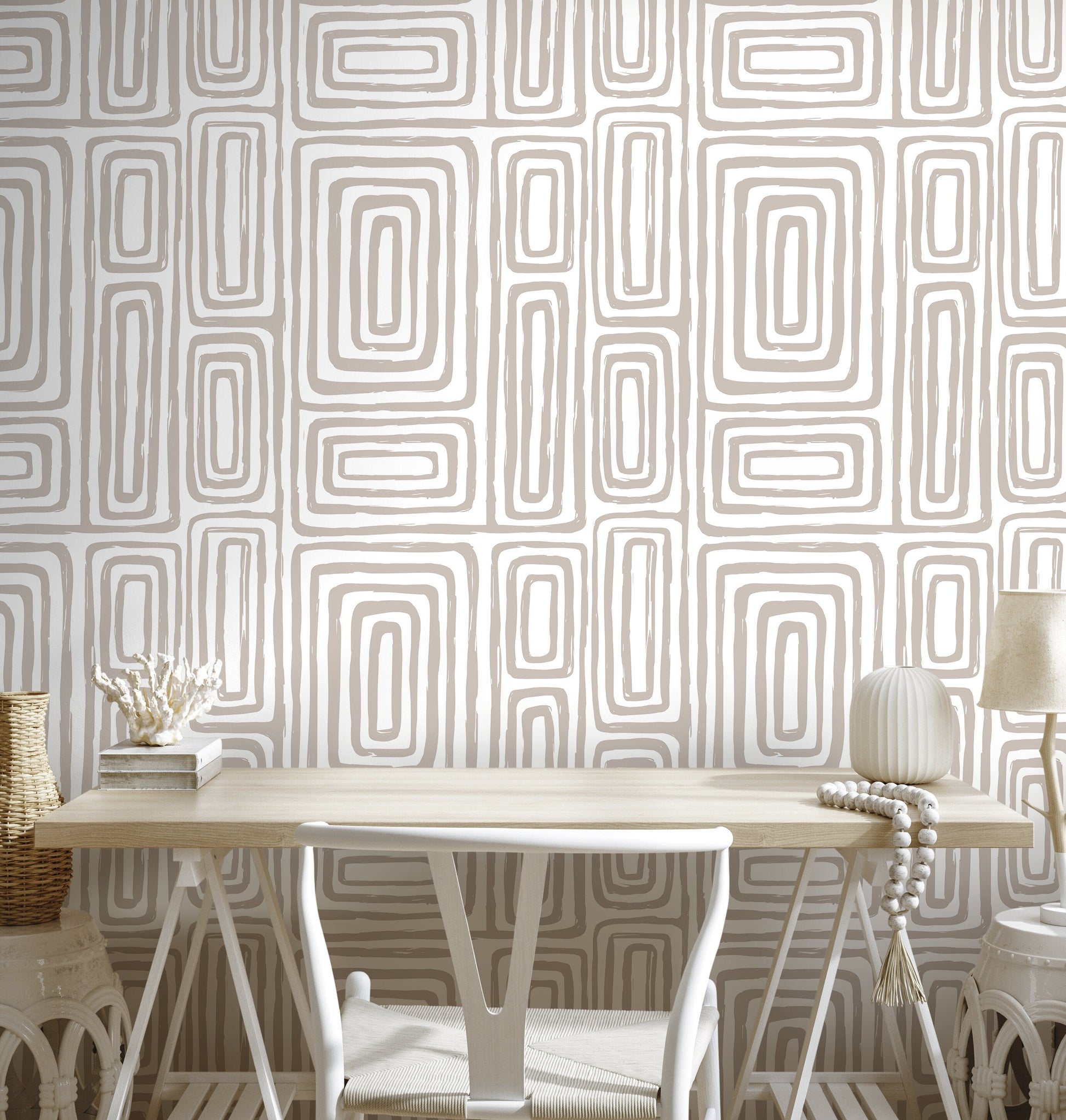 Warm Neutral Paint Brushed Labyrinth Wallpaper Peel and Stick Removable Repositionable Minimalistic Abstract Boho Beige & White - ZAAA