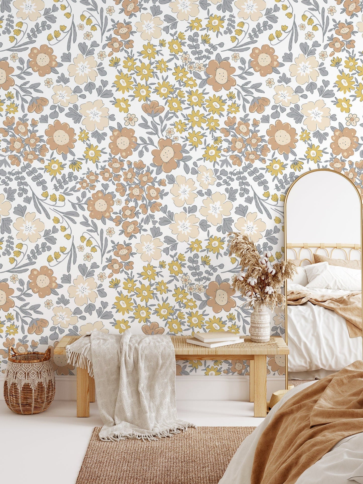 Boho Floral Garden Wallpaper / Peel and Stick Wallpaper Removable Wallpaper Home Decor Wall Art Wall Decor Room Decor - D003