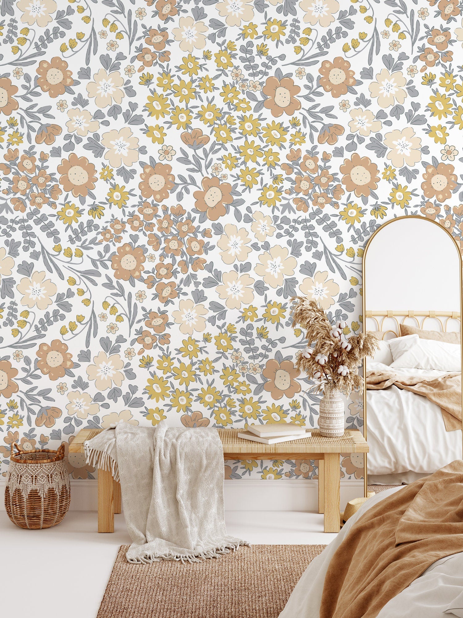 Boho Floral Garden Wallpaper / Peel and Stick Wallpaper Removable Wallpaper Home Decor Wall Art Wall Decor Room Decor - D003