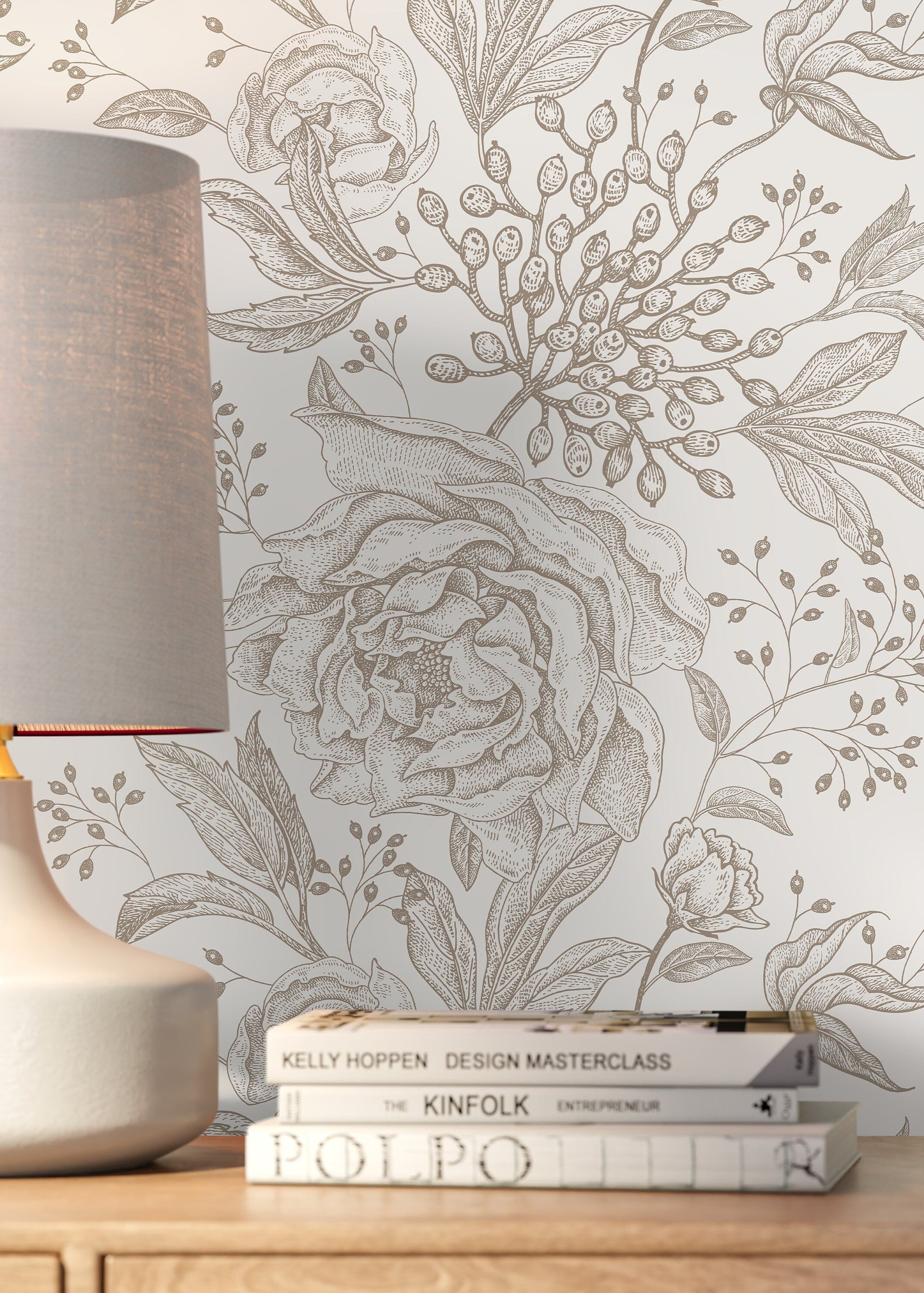 Beige Boho Roses Wallpaper Boho Peony Wallpaper Peel and Stick Removable Repositionable Burnt Orange Minimalistic - ZACX