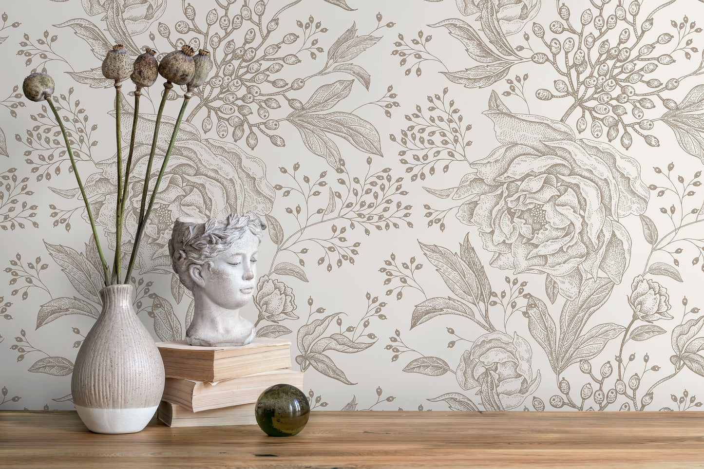 Beige Boho Roses Wallpaper Boho Peony Wallpaper Peel and Stick Removable Repositionable Burnt Orange Minimalistic - ZACX