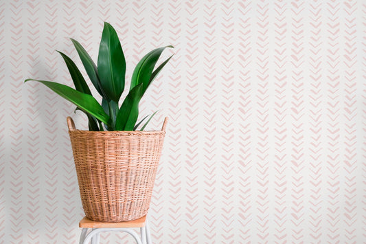 Boho Herringbone in Soft Pink Wallpaper Removable and Repositionable Peel and Stick or Traditional Pre-pasted Wallpaper - ZADX