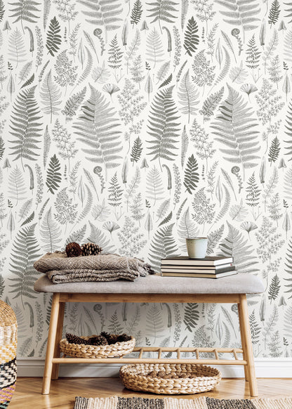 Gray Botanical Leaf Wallpaper / Peel and Stick Wallpaper Removable Wallpaper Home Decor Wall Art Wall Decor Room Decor - D066