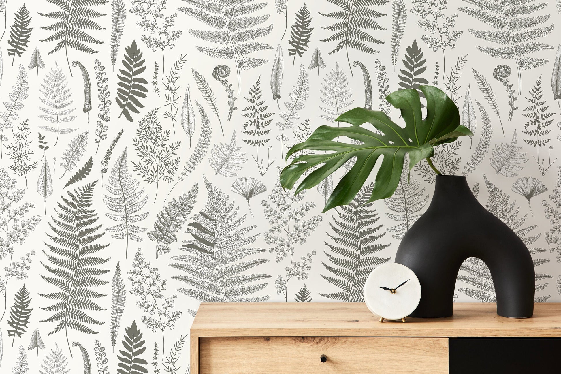 Gray Botanical Leaf Wallpaper / Peel and Stick Wallpaper Removable Wallpaper Home Decor Wall Art Wall Decor Room Decor - D066