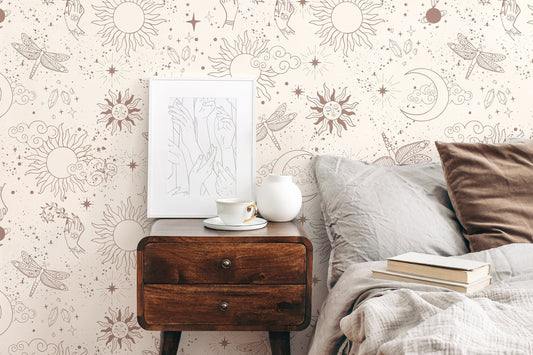 Mystique and Celestial Wallpaper Removable Peel and Stick Wallpaper, Peel and Stick Wallpaper Moon and Butterfly - ZAAV