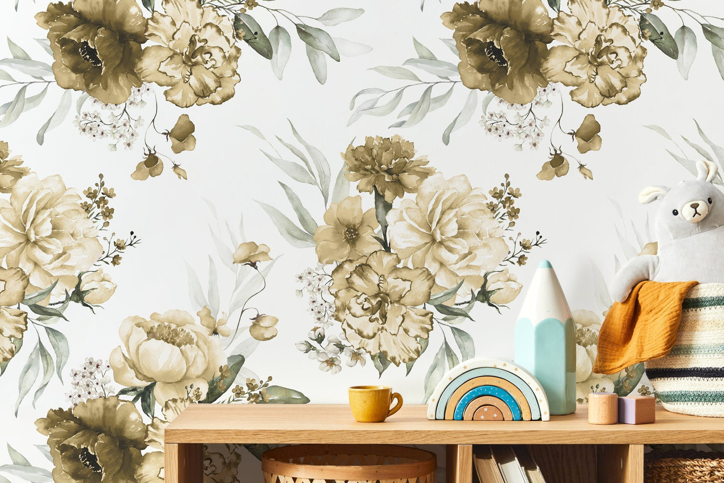 Yellow Vintage Peony Wallpaper / Peel and Stick Wallpaper Removable Wallpaper Home Decor Wall Art Wall Decor Room Decor - D024