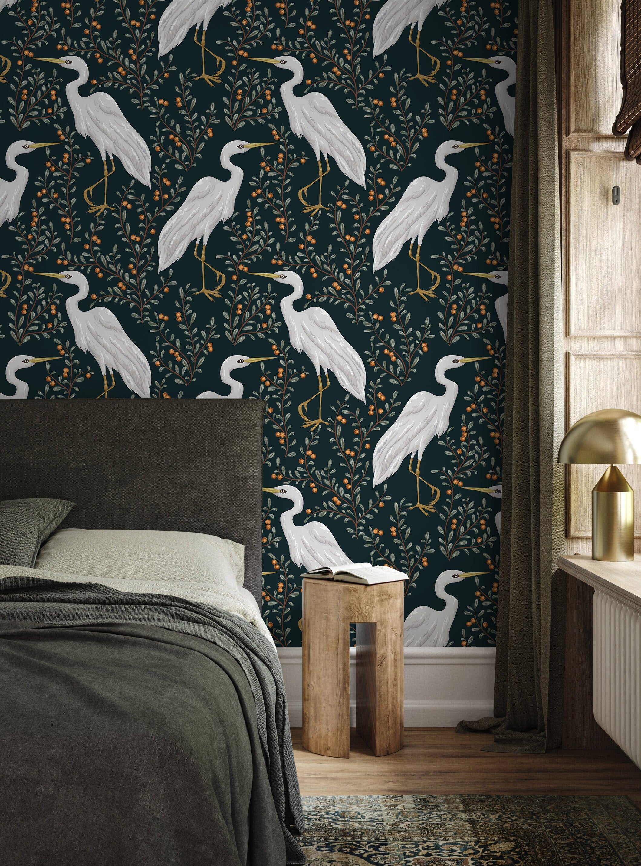 Floral Cranes Birds Wallpaper / Peel and Stick Wallpaper Removable Wal
