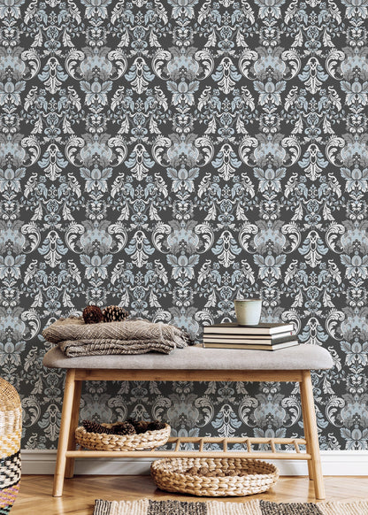 Gray and Blue Victorian Wallpaper / Peel and Stick Wallpaper Removable Wallpaper Home Decor Wall Art Wall Decor Room Decor - D099