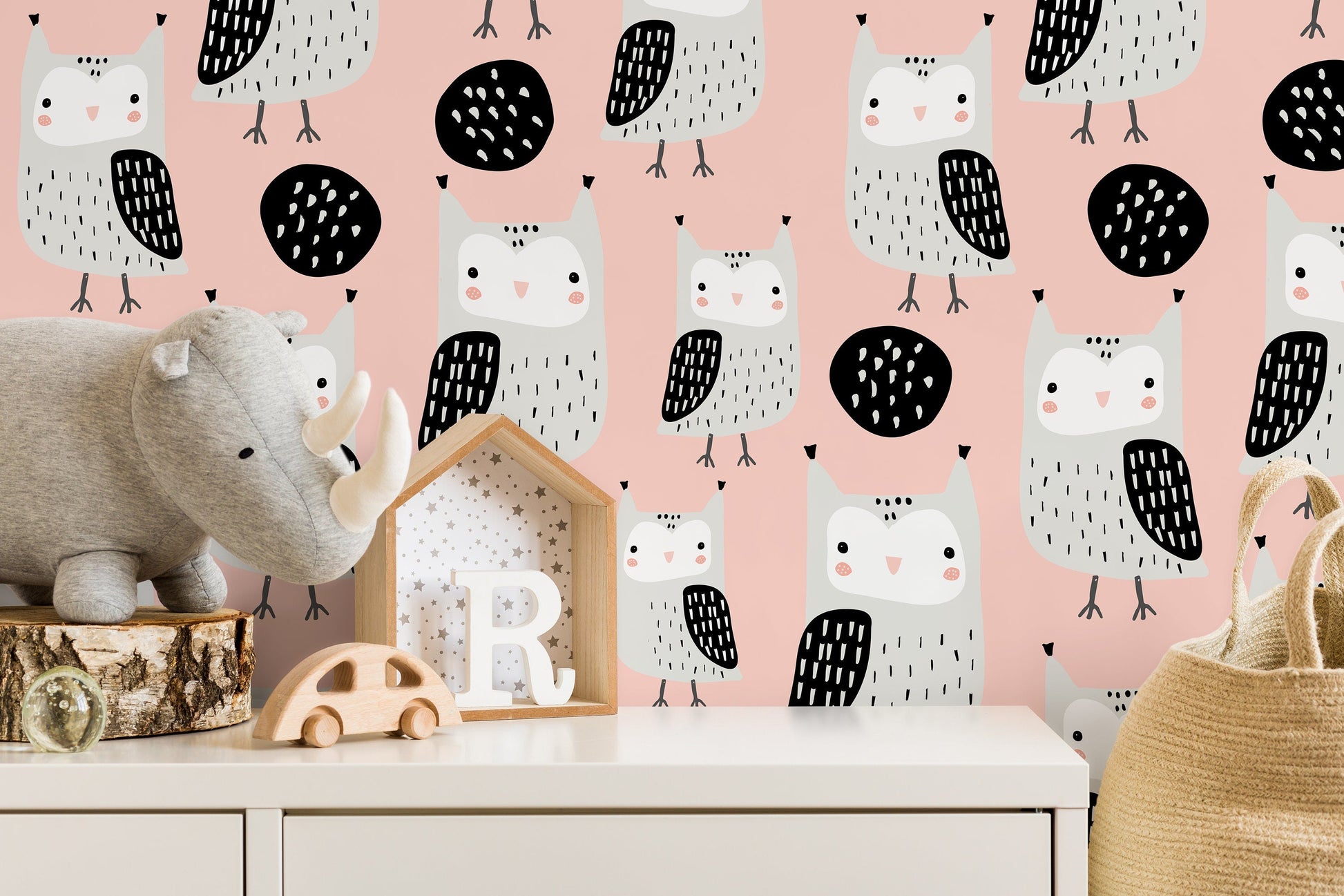 Cute Owl Nursery Wallpaper / Peel and Stick Wallpaper Removable Wallpaper Home Decor Wall Art Wall Decor Room Decor - D106