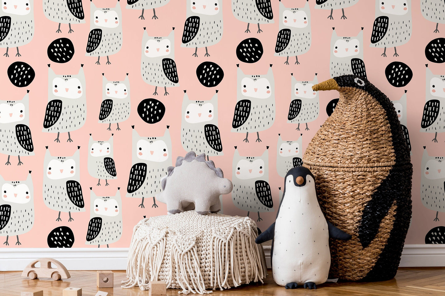 Cute Owl Nursery Wallpaper / Peel and Stick Wallpaper Removable Wallpaper Home Decor Wall Art Wall Decor Room Decor - D106