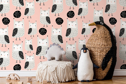 Cute Owl Nursery Wallpaper / Peel and Stick Wallpaper Removable Wallpaper Home Decor Wall Art Wall Decor Room Decor - D106