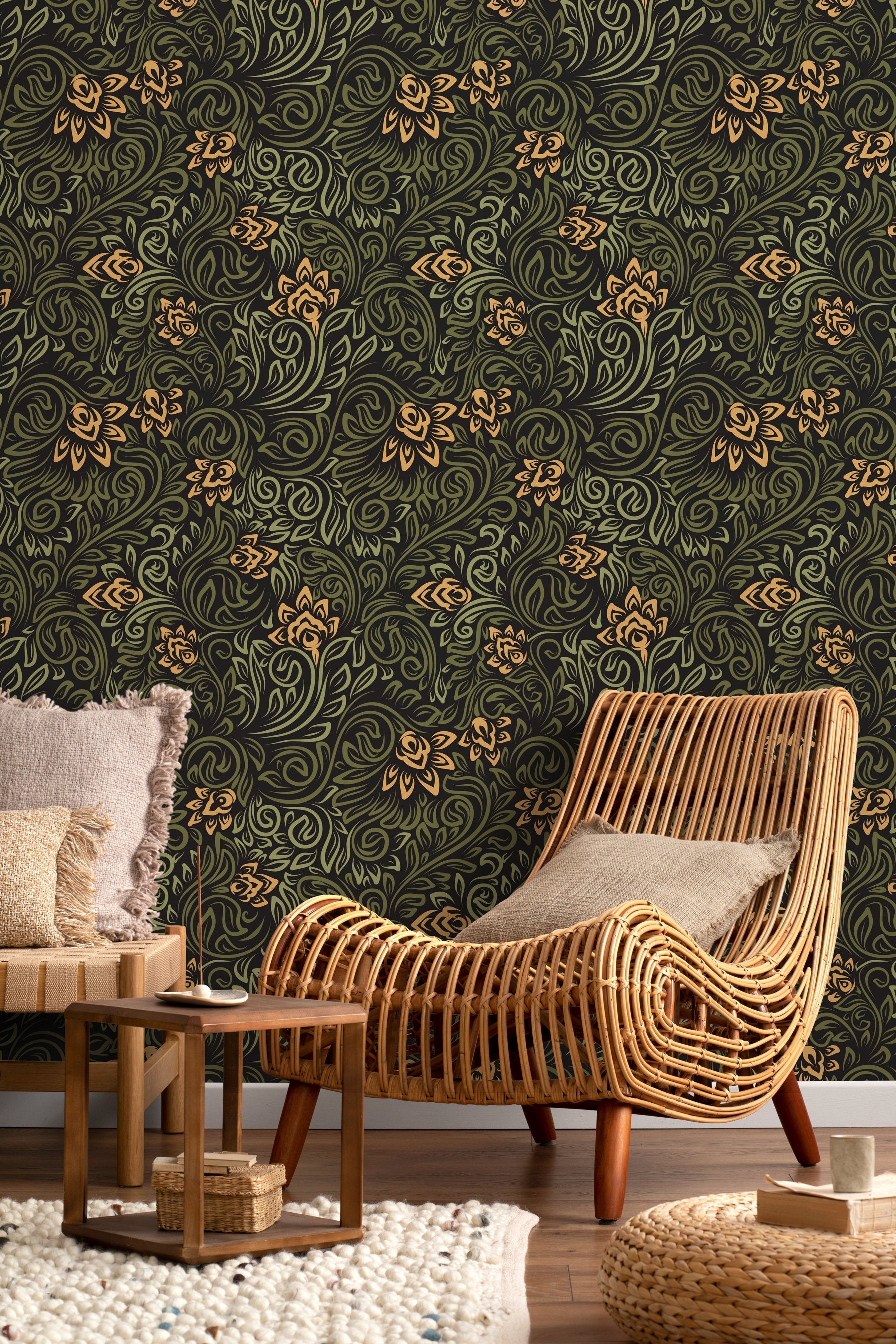 Green Modern Floral Wallpaper / Peel and Stick Wallpaper Removable Wallpaper Home Decor Wall Art Wall Decor Room Decor - D159