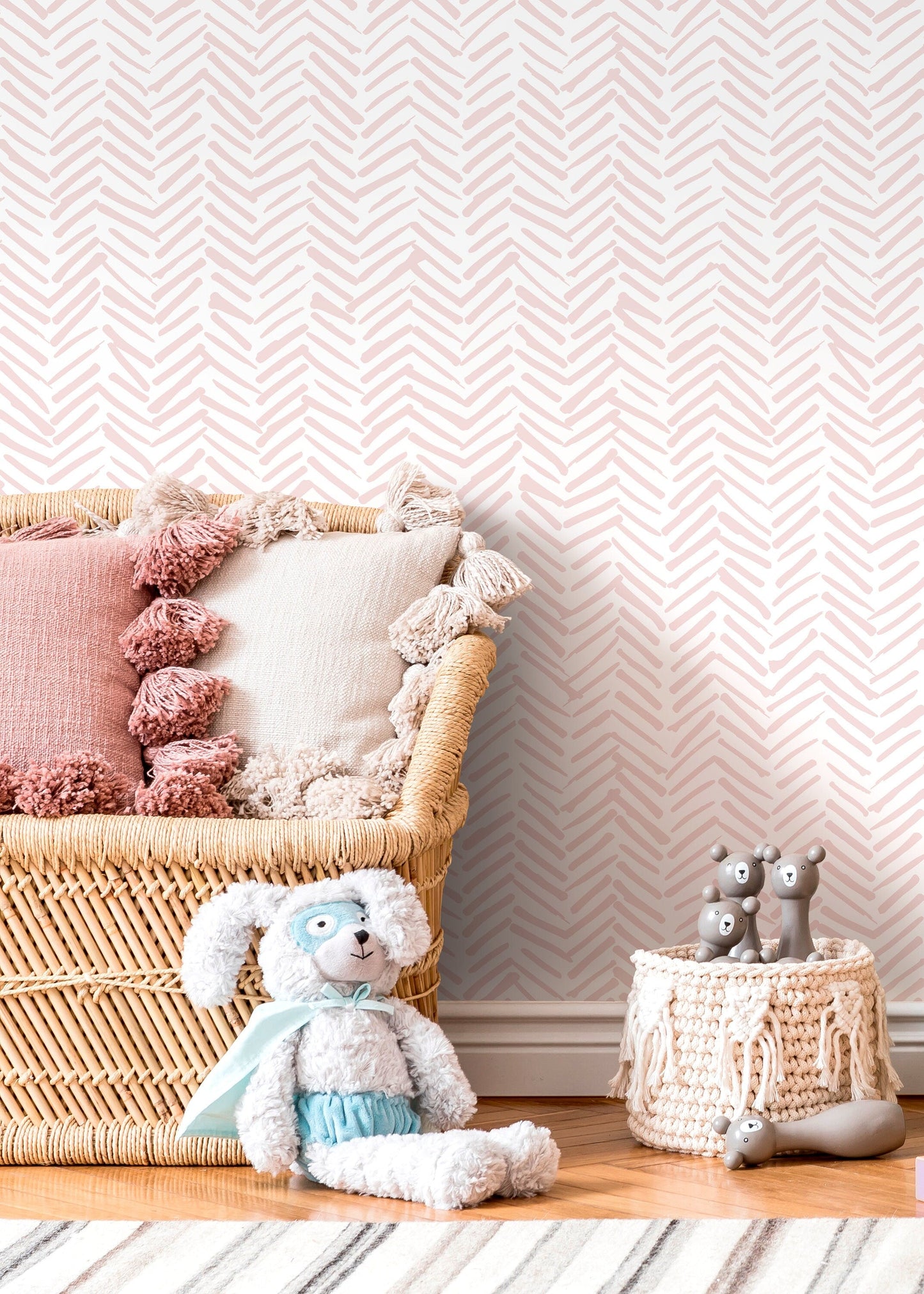 Boho Herringbone in Soft Pink Wallpaper Removable and Repositionable Peel and Stick or Traditional Pre-pasted Wallpaper - ZADY