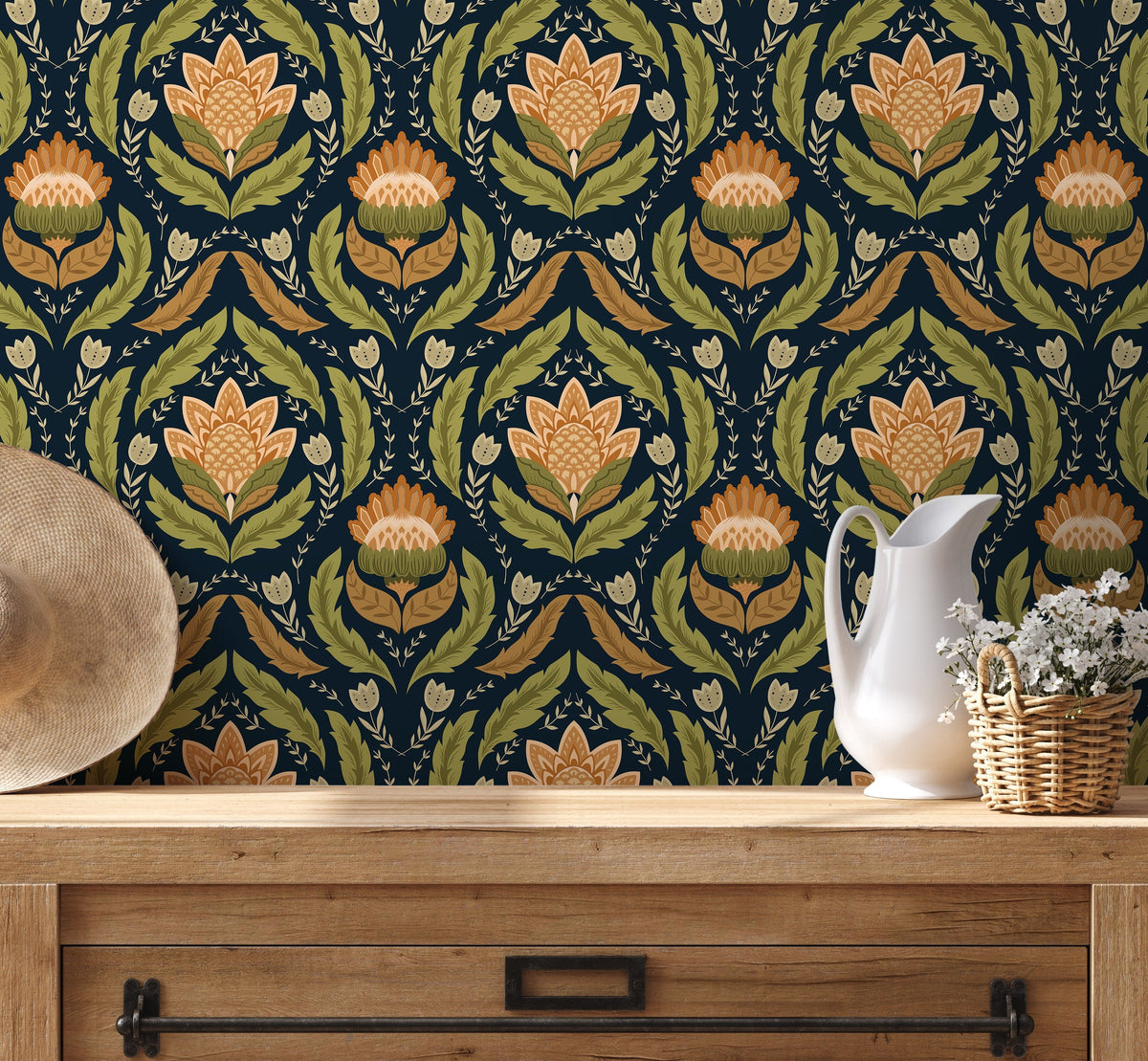 Green Floral Vintage Wallpaper / Peel and Stick Wallpaper Removable Wallpaper Home Decor Wall Art Wall Decor Room Decor - D061