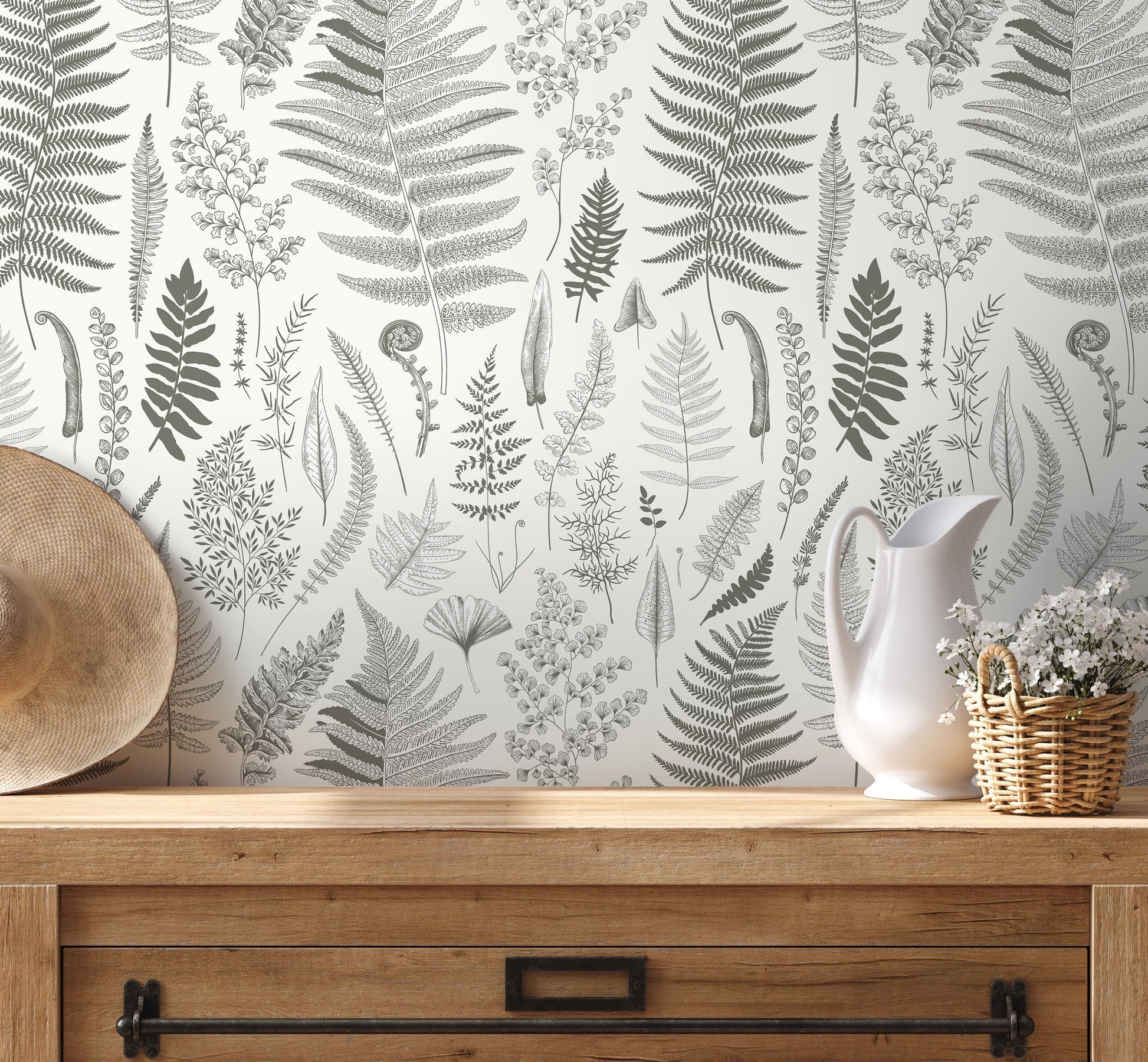 Gray Botanical Leaf Wallpaper / Peel and Stick Wallpaper Removable Wallpaper Home Decor Wall Art Wall Decor Room Decor - D066